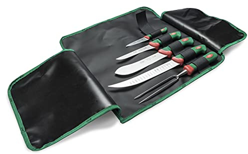 Sanelli linea Premana Professional, Set 5 coltelli BBQ, Rotolo cuoco, Nero/Verde/Rosso