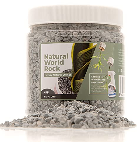 Natural World Pierres de décoration pour plante en roche – Belles pierres naturelles | 2kg | 5 mm de diamètre | Parfait pour les pots de fleurs à l'intérieur et à l'extérieur | (Gris Néron)