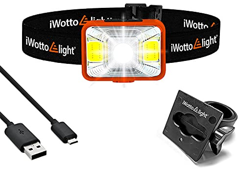 iWotto E light Torcia Frontale LED USB Ricaricabile con Cinghia Regolabile e Supporto per Bicicletta - Alta Potenza e 5 Modalità - Impermeabile e Resistente alla Polvere - Running, Pesca, Ciclismo