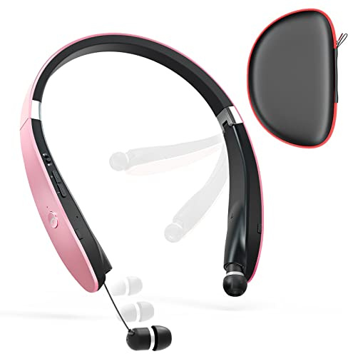 Dpvisn Foldable Bluetooth Headphones, Wireless Neckband Headset with Retractable Earbuds, Noise Cancelling Stereo Earphones with Carrying Case for Sports & Exercise (Gold)