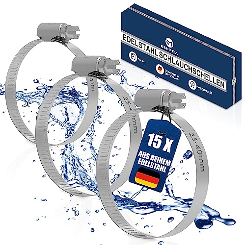 EMIPRA® Schlauchschellen Set [25-40mm, 15 Stk] - optimierte Geometrie für besonders einfache Rotation - Schlauchschellen Edelstahl rostfrei gemäß DIN 3017 W4
