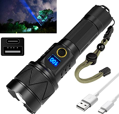 YANJI Torches LED Super Bright,Rechargeable Torch 15000 Lus XHM77.2,Tactical Battery Powered, Powerful Flashlight Zoomable Dog Walking Hiking Emergency Gift [Energy Class A+++], Black (UKA07)