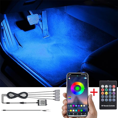 TABEN Kit de iluminación Ambiental de pie de automóvil RGB Control App + Remoto RF 16,7 Millones Colores de música Activa Sincronizada Línea DC Luz de Ambiente del Pozo del pie Interior del automóvil