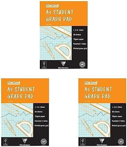 Clairefontaine - Ref J14BZ - Chartwell Graph Pad (Contains 50 Sheets) - A4 (210 x 297mm) Sized, 1, 5 & 10mm Square Rulings, 70gsm Punched Paper, FSC-Certified (Pack of 3)