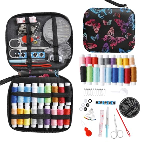 JUNING Nähset mit Nähzubehör,Spulen Faden, Großformat Premium Näh, komplettes Nähzeug für Anfänger,Reisende, Verwandte und Freunde,Schwarz