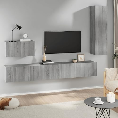 Festnight Muebles de Salón Moderno 4 pzas-3 Mueble salón Modular Conjunto Completo Mueble TV Mueble de Pared para TV Mesa de TV Colgante Mueble de TV Flotante Gris Sonoma