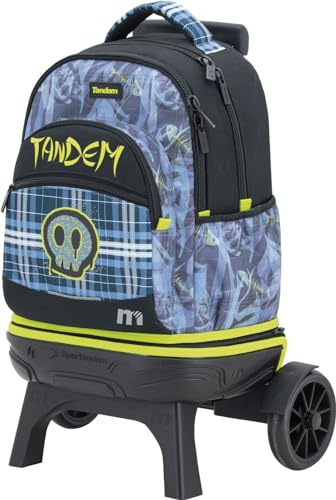 TANDEM Carro Escolar Desmontable con Mochila, Ruedas Grandes y Silenciosas, 35L, 5 Compartimentos, Tirantes Ergonómicos, Bolsillo Lateral para Botella, Asa Acolchada Superior, Colección Skull