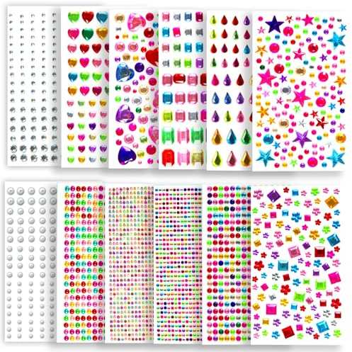 Yolistar 3800 Piezas Pegatinas Diamantes de Imitación, Stickers Infantiles, 12 Hojas Decorar Diamantes Autoadhesivas, Acrílicas Pegatinas Cara, Manualidades en Formas y Tamaños