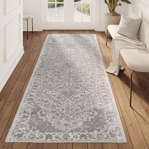 TAPISO Valley Teppichläufer Vintage, Kurzflor Hellgrau Blumenmuster Rahmen Used Effekt Meliert Verwischt, für Flur, Wohnzimmer, Schlafzimmer, Esszimmer – Eleganter TeppichLäufer – 120 x 200 cm