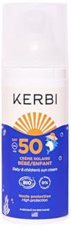 Crème Solaire SPF 50+, pour visage et corps, 99% d'origine naturelle, certifiée BIO, texture agréable, sans parfum, bébé, enfant 50g, KERBI minéral