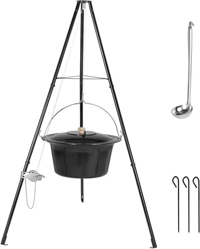 Bouilloire à Goulasch de 30 L avec Trépied et Cuillère, Goulasch Originale Hongroise, avec Chaîne Réglable en Hauteur, Ensemble de Marmites à Goulasch, Pot à Goulasch Émaillé, pour 25-30 Personnes