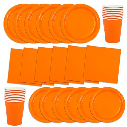 Set di 64 stoviglie per feste, colore arancione, per compleanno, feste, set di stoviglie in carta, con piatti, tovaglioli, bicchieri e piatti da dessert, adatti per matrimoni, Natale, feste di