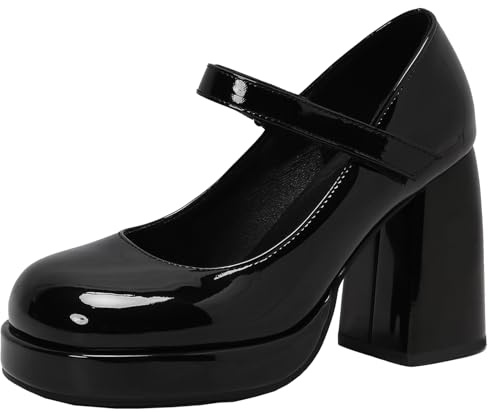 XIEPP Escarpins élégants pour femme avec bout rond et talon compensé avec talon bloc Chaussures Mary Jane pour les fêtes, Noir , 39 EU