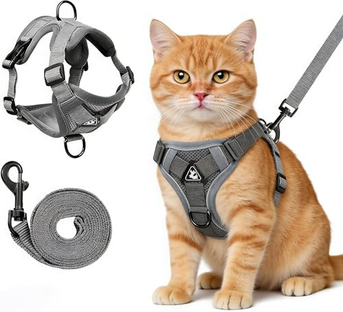 Cat Harness and Leash for Walking, Escape Proof Soft Adjustable Vest Harnesses for Cats (Grey, M : Cat Weight 6.6-9.9 LB)