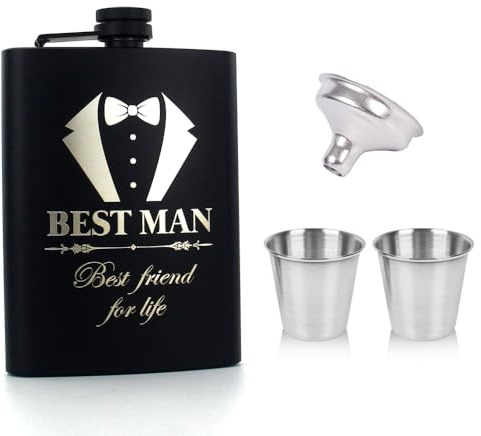 XFSRG Set Di Fiaschette Da Matrimonio Elegante Design Nero Opaco Con Incisione Per Uomo Fiaschetta Tascabile Per Liquori Bottiglia Per Whisky Per Campeggio (BSTEMAN)