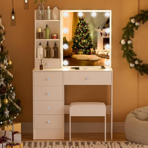 Puselo Toeletta con Specchio Luci e Sgabello, Luci LED Regolabile a 3 Colori, Toeletta trucco con 6 Cassetti + 6 Ripiani, 80x36x130 cm Bianco Tavolo da Trucco per Camera da Letto