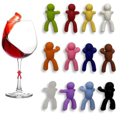 ZORVYN Lot de 12 marqueurs de verre réutilisables en forme de figurines, marqueurs de verre en silicone pour verres à vin, avec ventouses, parfaits pour la décoration de table lors de fêtes et soirées