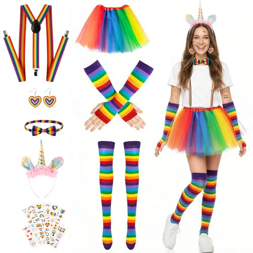 Set di costumi da clown da donna, 17 pezzi, con fascia arcobaleno, tutù, gonna, calzini, bretelle, papillon, orecchini, adesivi, per carnevale, Halloween, cosplay