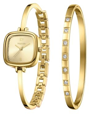 TIME100 Juego de Reloj y Pulsera para Mujer, Reloj de Pulsera Cuadrado de Cuarzo con Cristales, Diseño Delgado y Ligero, Set Elegante para Uso Diario y Regalo, Dorado/Plateado/Oro Rosa