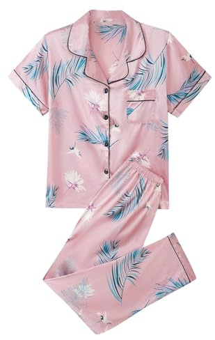 Generisk damhemmadräkt 2-delad elegant sommar, satinpyjamas dam kortärmad långa byxor – pyjamas med knappslå nattkläder, sexiga vardagskläder, tunn pyjamas, lätt sidenpyjamas, sexiga sovkläder, ROSA