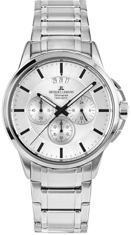 JACQUES LEMANS Herrenuhr Sydney Metallband massiv Edelstahl Chronograph 1-1542P