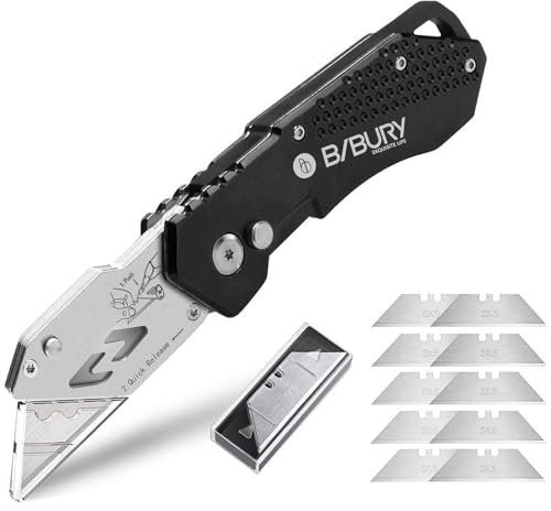 BIBURY Folding Utility Knife, Premium Aluminum Alloy Handle Box Cutter with 10pcs SK5 Blades, Ergonomic Heavy Duty Razor Knife with Belt Clip & Quick Change for Cardboard, Carpet, DIY Crafts & Office