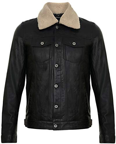 Herr läderjacka trucker avtagbar fårskinn sherpa krage casual jeans rock, Svart, XS
