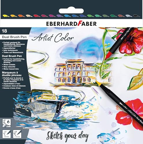 Eberhard Faber 558218 Artist Colour Sketch Marker Set with 18 Colours, Fibre-Tip Pens with Double Tip, in Cardboard Case, for Drawing, Sketching and Illustration, Various Colours