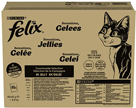 FELIX Sensations Jellies Cibo Umido per Gatti Adulti Bocconcini in Gelatina con Anatra e Spinaci, Agnello e Selvaggina, Manzo e Pomodoro, Pollo e Carote 80 Bustine da 85 g cibo per gatti