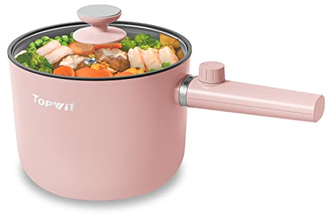 Topwit Hot Pot Electric, 1.5L Ramen Cooker, Portable Non-Stick Frying Pan, Electric Pot for Pasta, Steak, BPA Free, Electric Cooker with Dual Power Control, Over-Heating & Boil Dry Protection, Pink