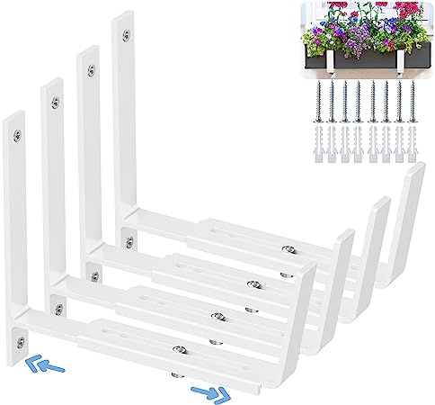 HFHOME Verstellbare Pflanzkastenhalterungen (15,2 bis 31,8 cm), universelle Fensterkastenhalterungen, robuste Metall-Blumenkasten-Wandbefestigungshaken für Balkon, Zäune, Terrasse und Garten, Weiß, 4