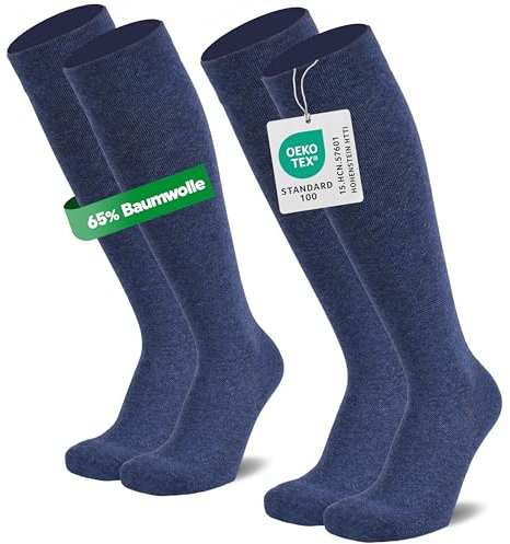 MEDOLY Lot de 2 paires de bas de contention avec compression, chaussettes de voyage avec 65 % coton, bas de compression pour homme et femme – Chaussettes de soutien sans coutures gênantes, 2 x bleu