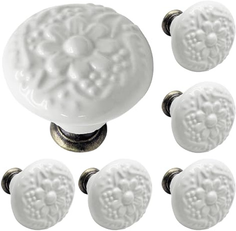 Biaungdo 6 Pcs White Ceramic Kitchen Cabinet Knobs and Pulls, Retro Vintage Round Drawer Knobs, Decorative Closet Door Handles