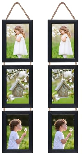 EYMPEU 6x4 Photo Frames with Twine Set of 2, Triple Vertical Black Picture Frame 6x4 for Hanging in Living Room, Bedroom, Office