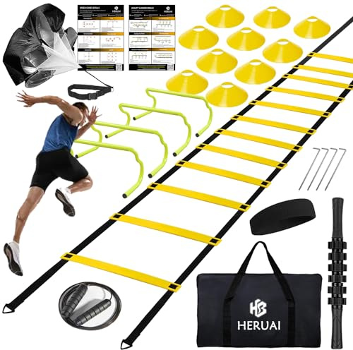 Juego de equipo de entrenamiento de velocidad de escalera de agilidad, escalera de velocidad de 6m (20 pies), 4 obstáculos, 10 conos de velocidad, paracaídas para correr, equipo de entrenamiento de