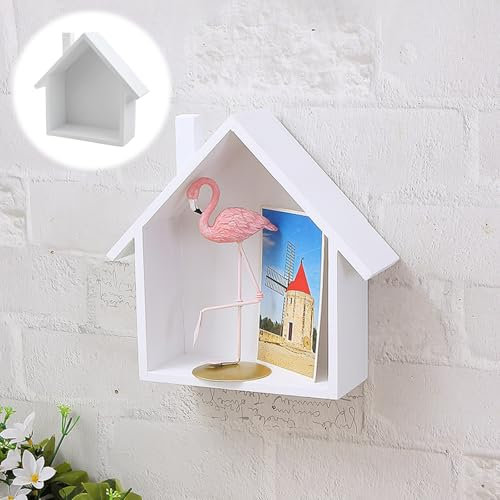 HIQE-FL Regalbox Haus-Form - Holzhaus Deko, Wichtel & Retro Nostalgisches Wand-Regal in Minimalistischem Design