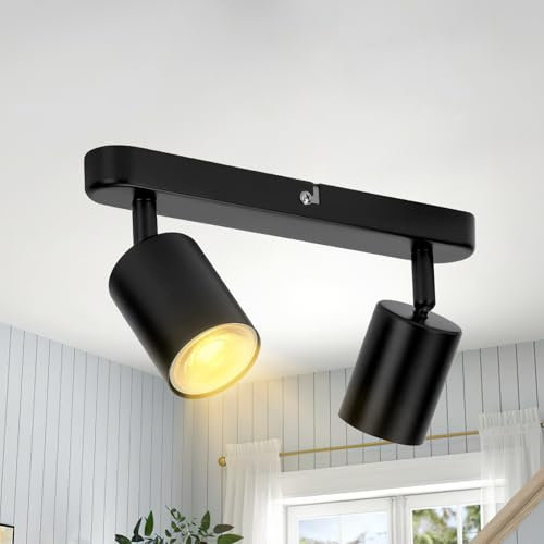 MKKM Deckenstrahler 2 Flammig Schwarz,Schwenkbar Deckenstrahler Spotleuchte Wandspot, GU10 (ohne Leuchtmittel) Retro/Vintage Deckenleuchte 230V Schwarz für Wohnzimmer Schlafzimmer Küchen