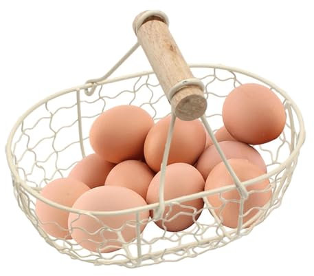 Cestino ovale per uova di gallina con manico in legno, cestino portaoggetti in filo metallico per pane di frutta e verdura, cestini per la raccolta di uova fresche per il piano di lavoro della cucina