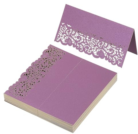 PATIKIL 50Pcs Cartelli Segnaposto Matrimonio, Cartelli Segnaposto Tavolo Con Taglio Laser A Pizzo Cartellini Nomi Piegevoli Per Tavolo Matrimonio Ricevimento Buffet, Viola Scuro