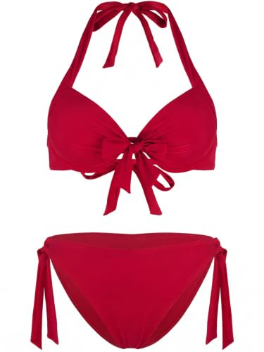 Ocean Blues Women's Push Up Bikini Set Underwire Halter Neck Top & Low Rise Cheeky Bottoms, Adjustable Ties