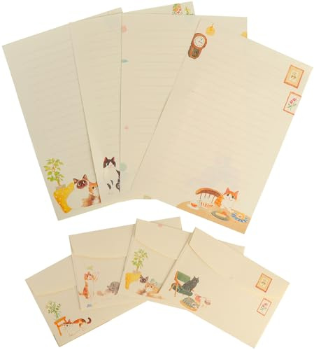 TLDBATICE 36 stycken kattbrevpapper, brevpappersset med kuvert skrivpappersset linjerat, 4 mönster söta Kawaii brevark med 24 ark och 12 kuvert för gåva, flickor, vänner, familj