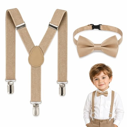 MKEAWUU Bretelle Bambino Regolabili Taglia Unica, 1 Pezzo Bretelle + 1 Farfallino, Colore Cachi, Per Ragazzi 1-8 Anni, Elegante Per Cerimonie