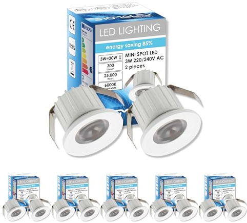 SIGMALED LIGHTING, Mini Foco LED empotrado Interior Techo Regulable 3W (300lumen), LED SPOT Luz fría 6000K, para Hogar y Tiendas, 220V/230V, Driver NO NECESARIO, Ø35x25mm, Redondo, 10 Focos
