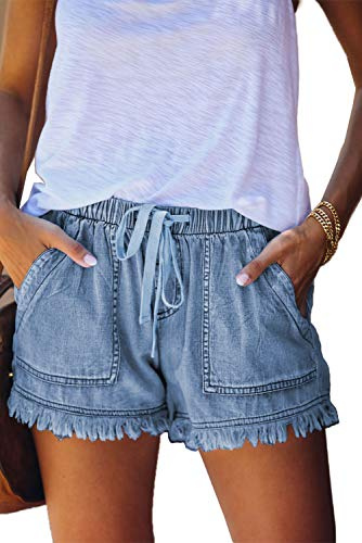 HVEPUO Linne- och bomullsshorts för damer, med elastiskt band, hotpants för sommaren, breda och korta byxor
