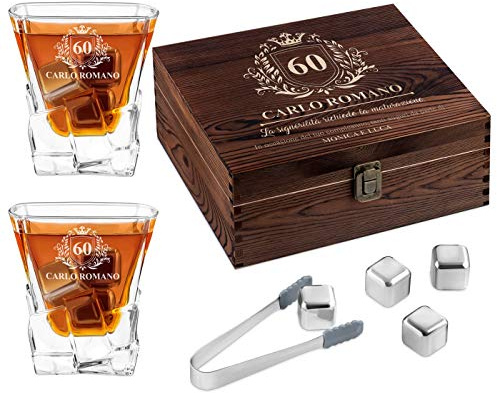 Maverton Set di Pietre da Whisky - in un cofanetto personalizzato - 8 cubetti di ghiaccio + 2 bicchieri con incisione - riutilizzabili - in granito - regalo uomo - stemma