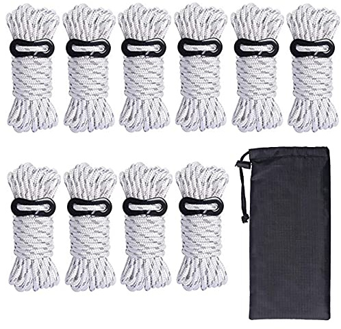 Hikeman 10 Pack 4mm Camping Rope Reflective Outdoor Guy Lines with Aluminum Guyline Adjuster Tensioners Nylon Tent Tie Downs for Hiking Backpacking Tarp,Canopy Shelter (White)