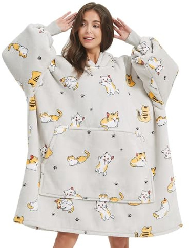 Sedefen Plaid Couverture Polaire avec Manches,Sweat-Shirt à Capuche avec Poches Portables,Confortable Flanelle Douverture TV Femme Homme,Hiver Chaud Sherpa Adulte,Gris Clair,Chat