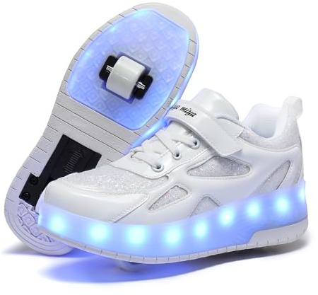 Aizeroth USB Ricarica LED Luci Brillantini Skateboard Scarpe Sportive con Rotelle Retrattile Sneakers Outdoor Multisport Luminose Running Calzature da Ginnastica per Bambini Regalo di Compleanno