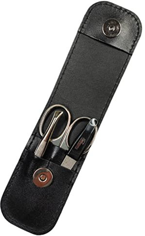 3-teiliges Solingen Maniküre Set mit Leder Etui, Nagelschere, Feile, Pinzette, Made in Germany (Schwarz)