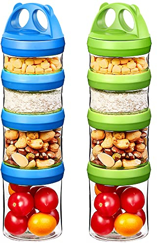 SELEWARE Portable stackable food storage containers for snacks, formula, powders and drinks, twist-lock system, airtight, leak-proof, BPA and phthalate free, Blue and Green
